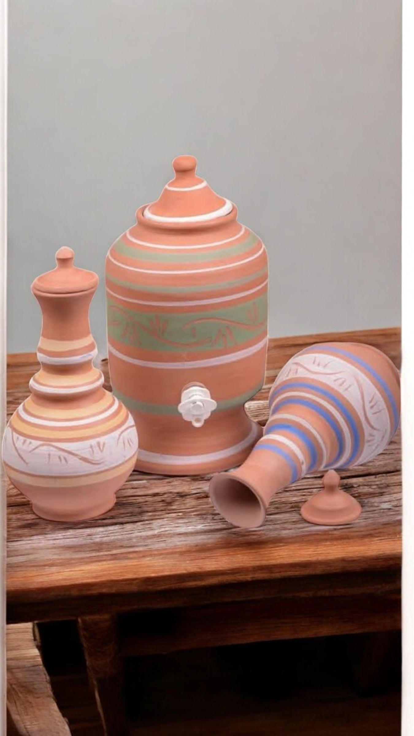Oasis Celebration Set — 3L Clay Water Dispenser + 2 Hand-Painted Jugs