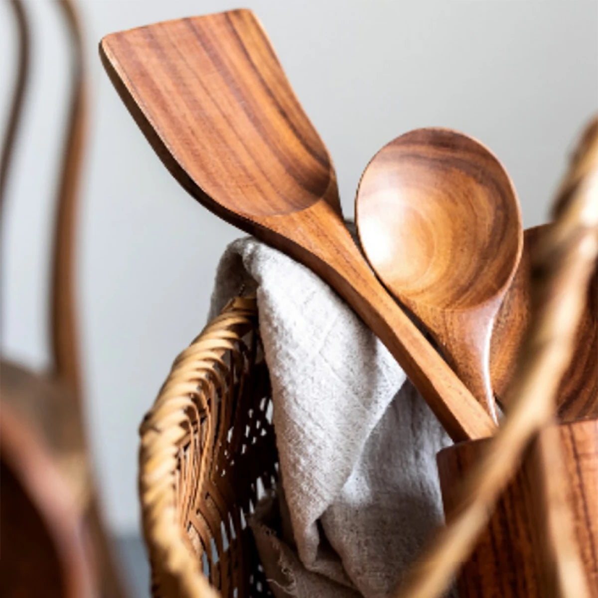 Set da cucina in legno, set di spatole per uso domestico, cucchiaio per insalata, forchetta, cucchiaio per mescolare, set da cucina per dolci con secchio portaoggetti