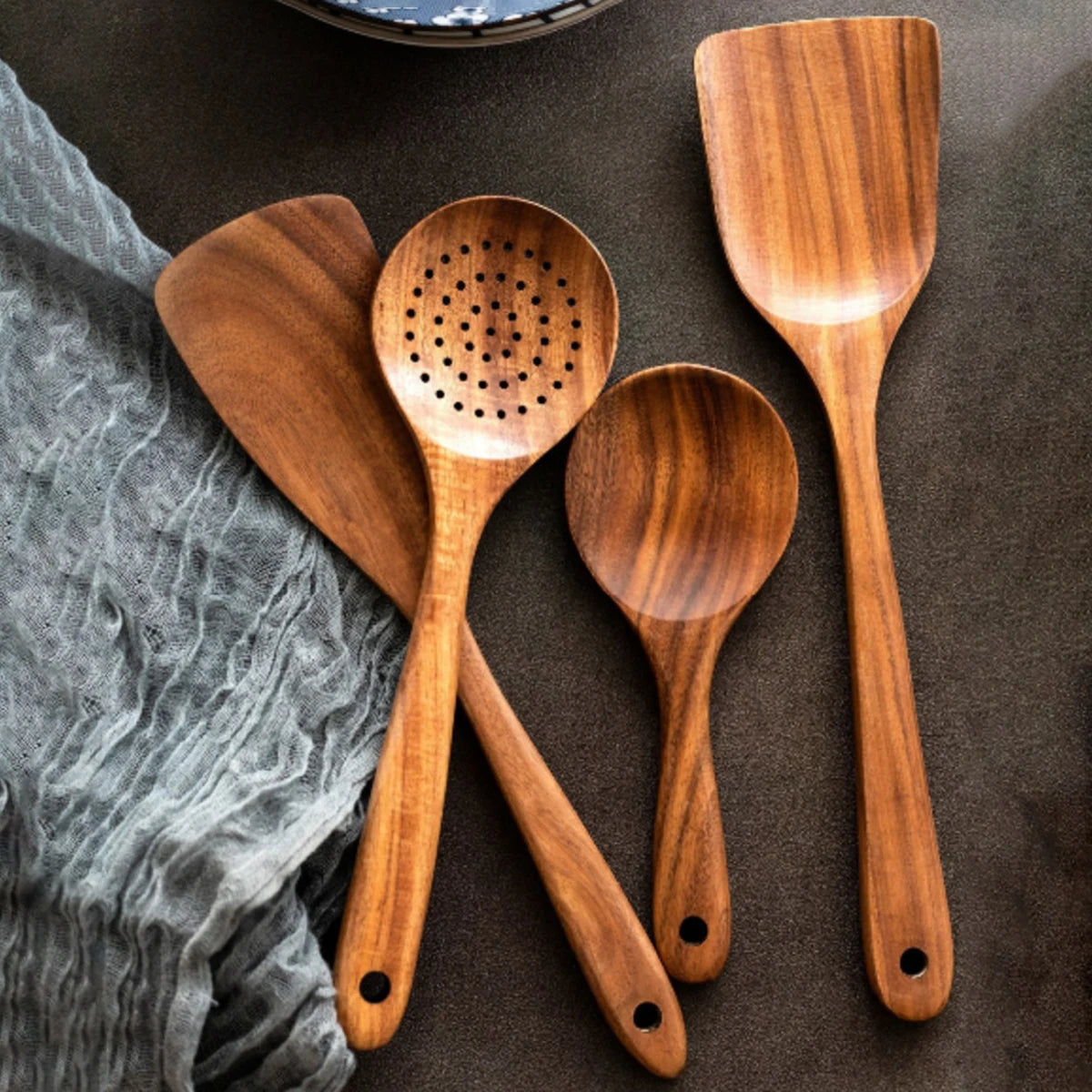 Set da cucina in legno, set di spatole per uso domestico, cucchiaio per insalata, forchetta, cucchiaio per mescolare, set da cucina per dolci con secchio portaoggetti
