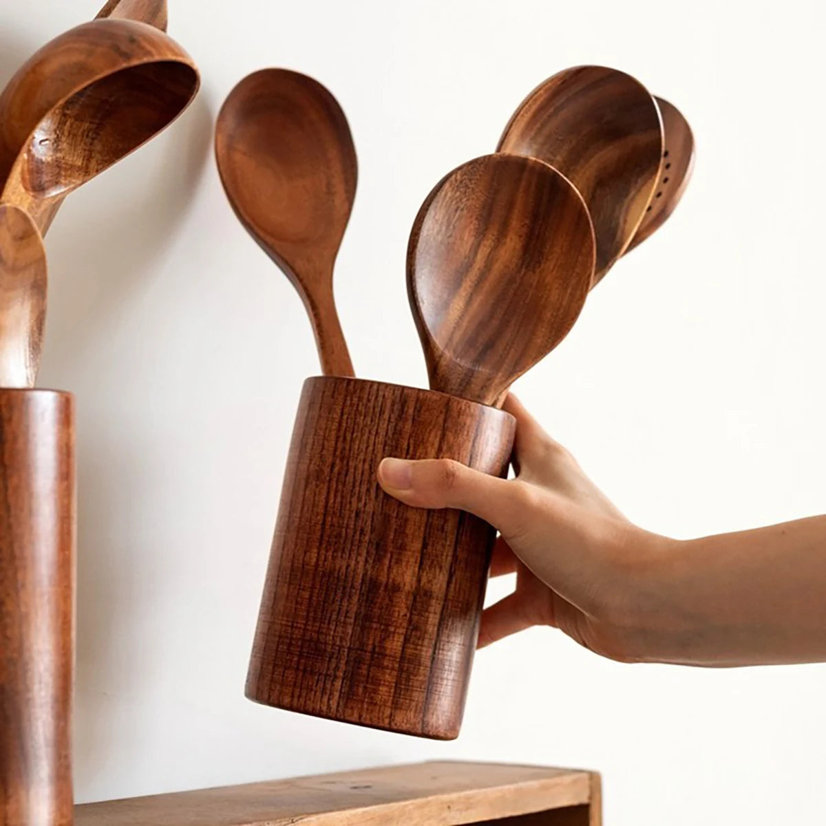 Set da cucina in legno, set di spatole per uso domestico, cucchiaio per insalata, forchetta, cucchiaio per mescolare, set da cucina per dolci con secchio portaoggetti