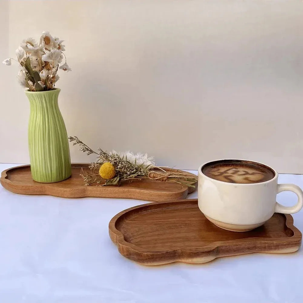 Vassoi da caffè in legno in stile giapponese, vassoi di frutta, dessert, caramelle, pane, snack, torte, cibo, vassoi da tavolo