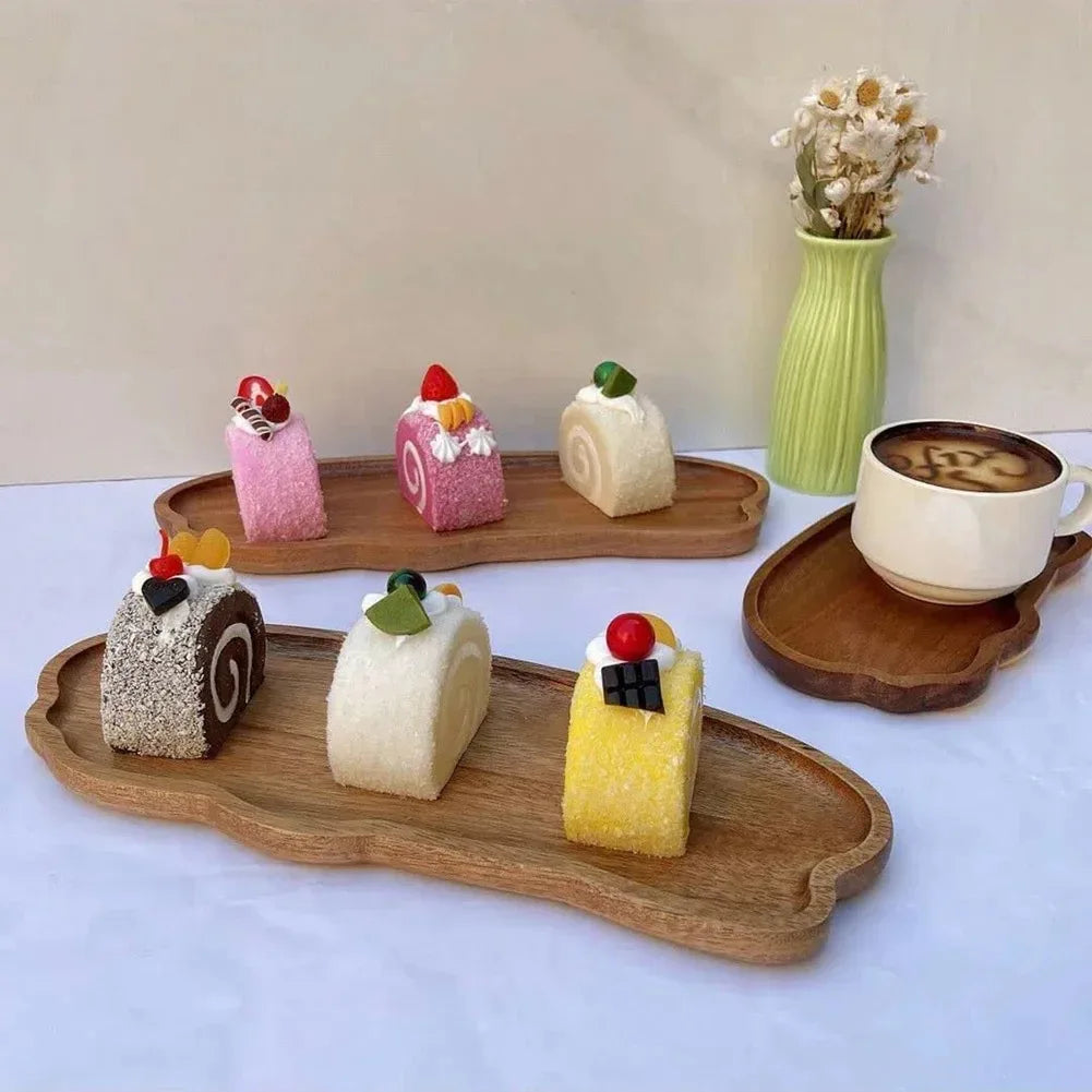 Vassoi da caffè in legno in stile giapponese, vassoi di frutta, dessert, caramelle, pane, snack, torte, cibo, vassoi da tavolo