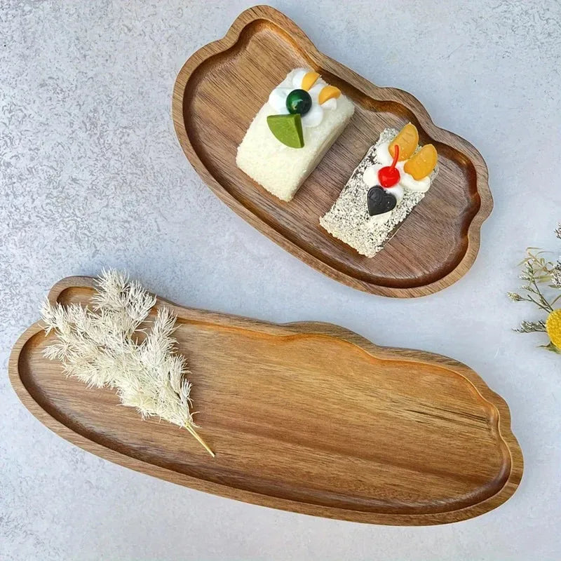 Vassoi da caffè in legno in stile giapponese, vassoi di frutta, dessert, caramelle, pane, snack, torte, cibo, vassoi da tavolo