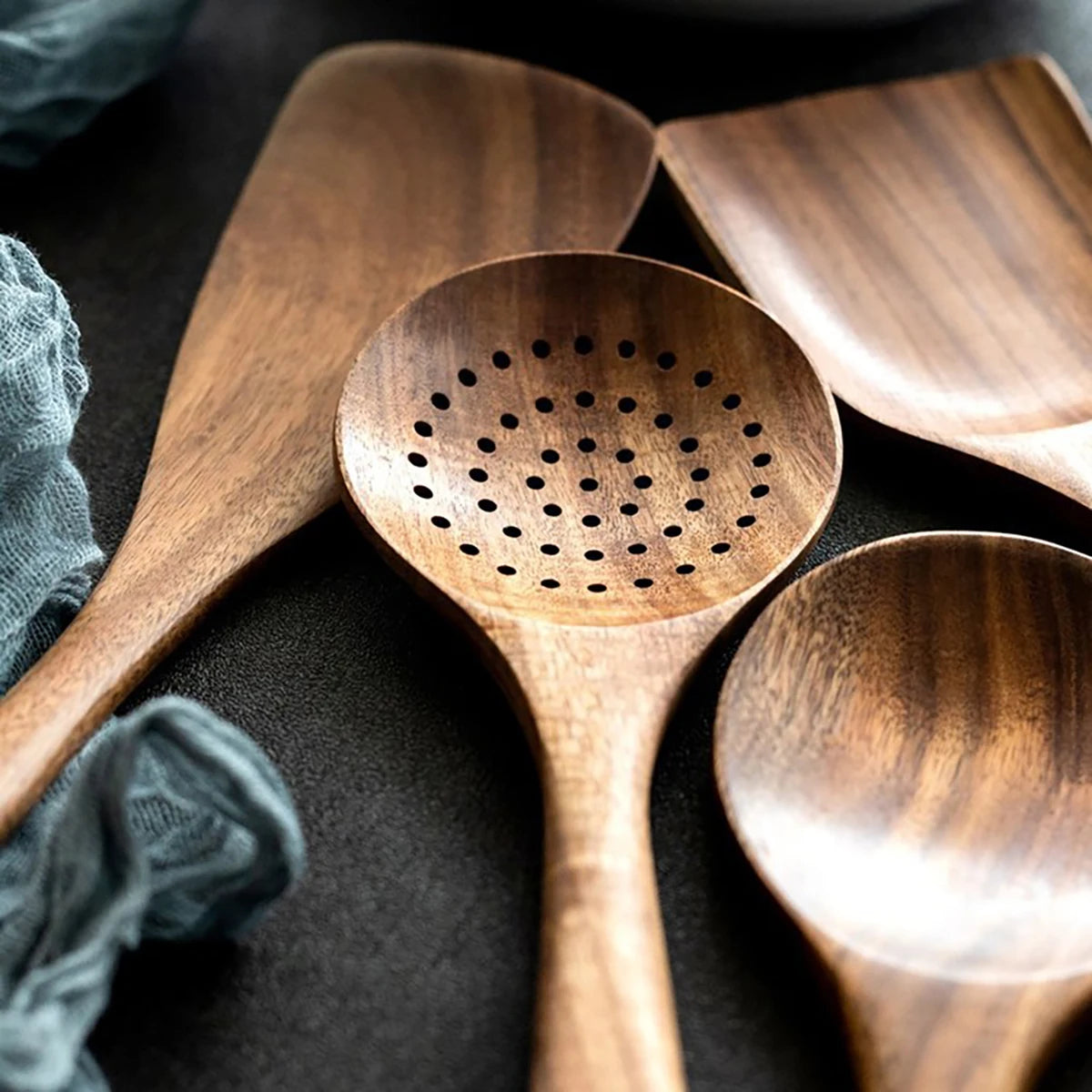 Set da cucina in legno, set di spatole per uso domestico, cucchiaio per insalata, forchetta, cucchiaio per mescolare, set da cucina per dolci con secchio portaoggetti
