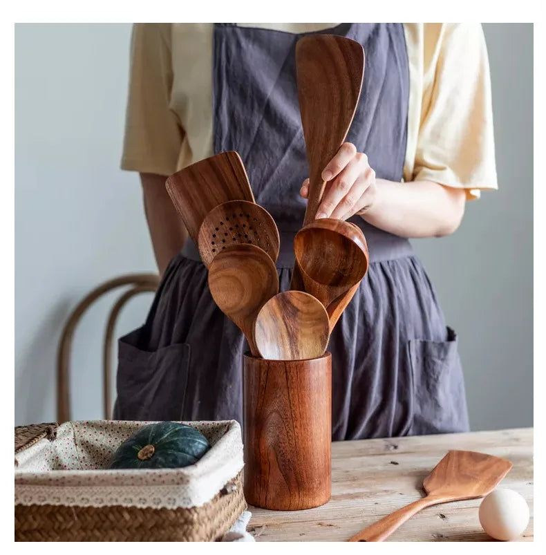 Cucchiaio da cucina in teak naturale, paletta da cucina, spatola in legno, set di utensili antiaderenti per cucinare con ganci per appendere, set di utensili da cucina