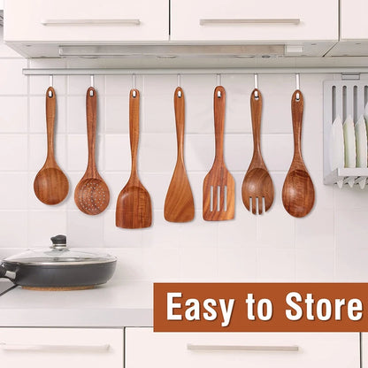 Cucchiaio da cucina in teak naturale, paletta da cucina, spatola in legno, set di utensili antiaderenti per cucinare con ganci per appendere, set di utensili da cucina