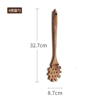 Cucchiaio da cucina in teak naturale, paletta da cucina, spatola in legno, set di utensili antiaderenti per cucinare con ganci per appendere, set di utensili da cucina