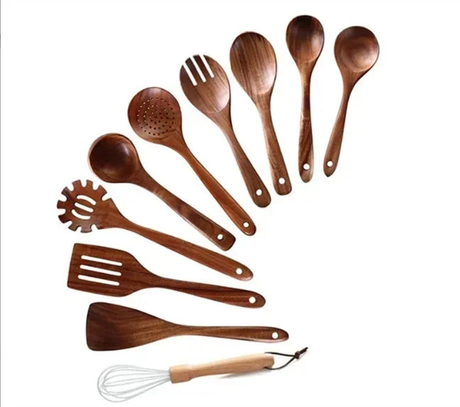 Cucchiaio da cucina in teak naturale, paletta da cucina, spatola in legno, set di utensili antiaderenti per cucinare con ganci per appendere, set di utensili da cucina