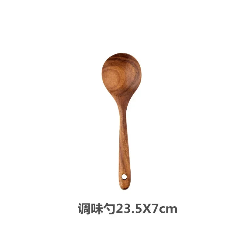 Cucchiaio da cucina in teak naturale, paletta da cucina, spatola in legno, set di utensili antiaderenti per cucinare con ganci per appendere, set di utensili da cucina