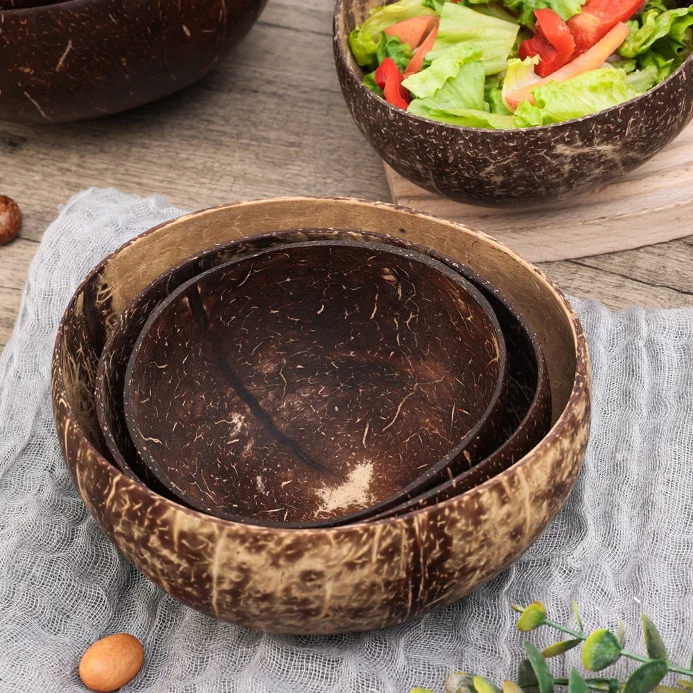 Ciotole in cocco naturale per servire piatti, utensili in legno riutilizzabili, cucchiaio in legno, ciotole in guscio di cocco naturale, set da cucina
