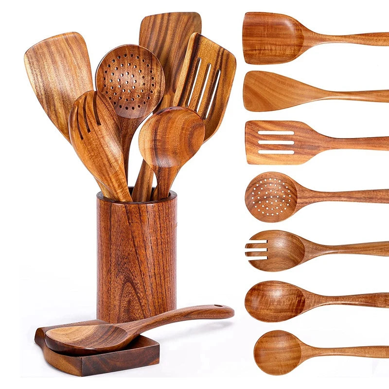 Cucchiaio da cucina in teak naturale, paletta da cucina, spatola in legno, set di utensili antiaderenti per cucinare con ganci per appendere, set di utensili da cucina