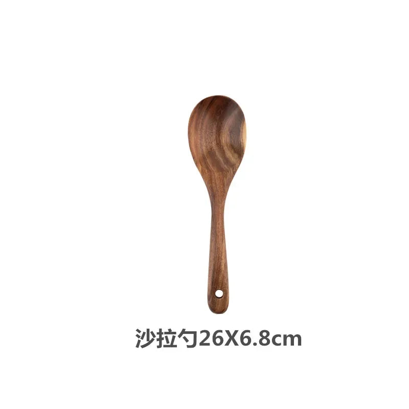 Cucchiaio da cucina in teak naturale, paletta da cucina, spatola in legno, set di utensili antiaderenti per cucinare con ganci per appendere, set di utensili da cucina