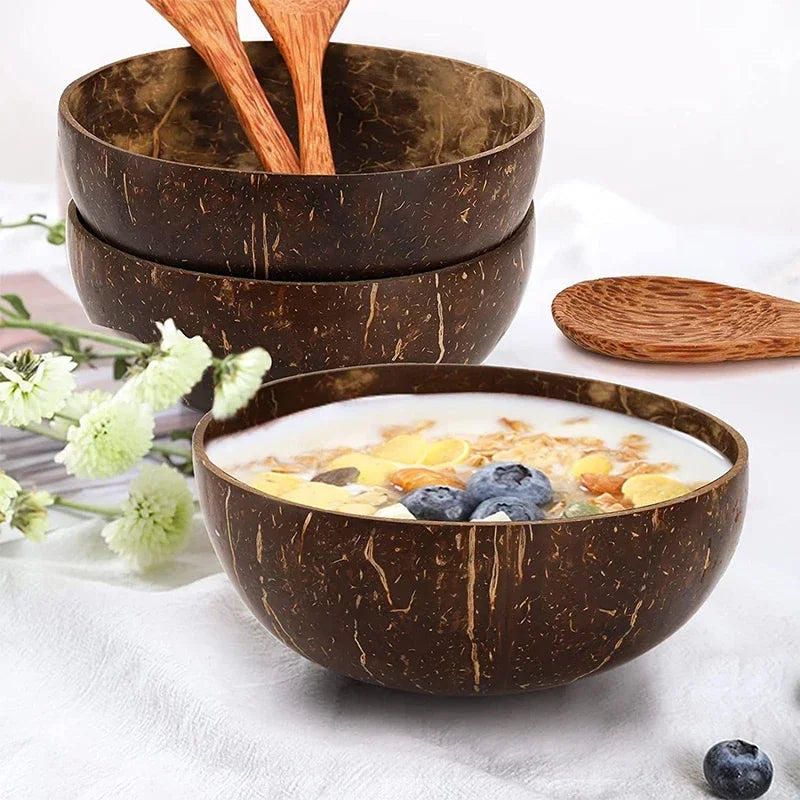 Ciotole in cocco naturale per servire piatti, utensili in legno riutilizzabili, cucchiaio in legno, ciotole in guscio di cocco naturale, set da cucina