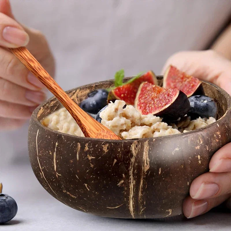 Ciotole in cocco naturale per servire piatti, utensili in legno riutilizzabili, cucchiaio in legno, ciotole in guscio di cocco naturale, set da cucina