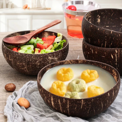 Ciotole in cocco naturale per servire piatti, utensili in legno riutilizzabili, cucchiaio in legno, ciotole in guscio di cocco naturale, set da cucina
