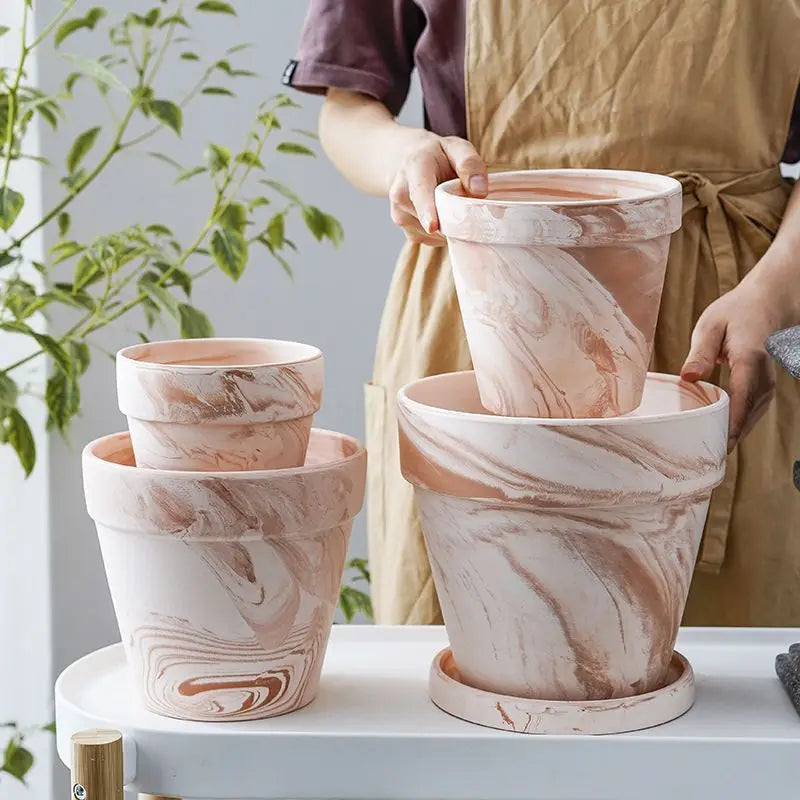 Fioriera creativa di grande calibro con vassoio, vaso per fiori in argilla grezza, stile retrò, per soggiorno, giardino, cortile, 1 pezzo