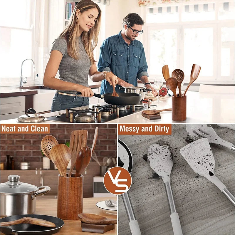 Cucchiaio da cucina in teak naturale, paletta da cucina, spatola in legno, set di utensili antiaderenti per cucinare con ganci per appendere, set di utensili da cucina