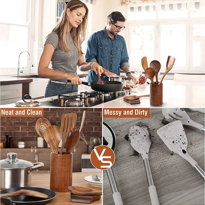 Cucchiaio da cucina in teak naturale, paletta da cucina, spatola in legno, set di utensili antiaderenti per cucinare con ganci per appendere, set di utensili da cucina