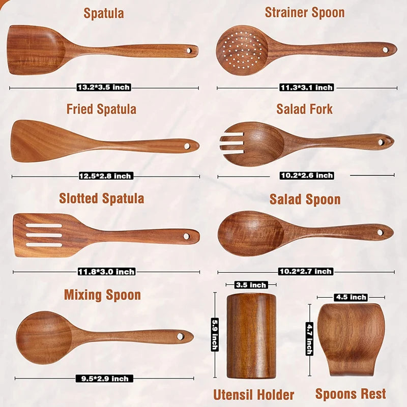 Cucchiaio da cucina in teak naturale, paletta da cucina, spatola in legno, set di utensili antiaderenti per cucinare con ganci per appendere, set di utensili da cucina