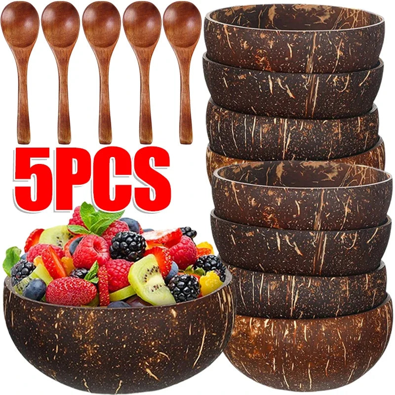 Ciotole in cocco naturale per servire piatti, utensili in legno riutilizzabili, cucchiaio in legno, ciotole in guscio di cocco naturale, set da cucina