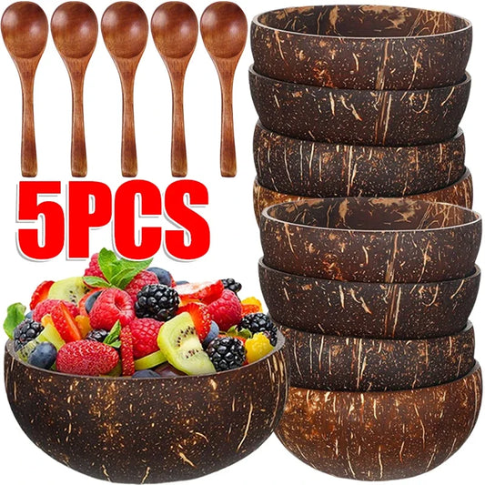 Natural Coconut Bowls For Serving Dishes Wooden Reusable Bowl Utensils Wood Spoon Natural Coconut Shell Bowls Kitchen Dinner Set