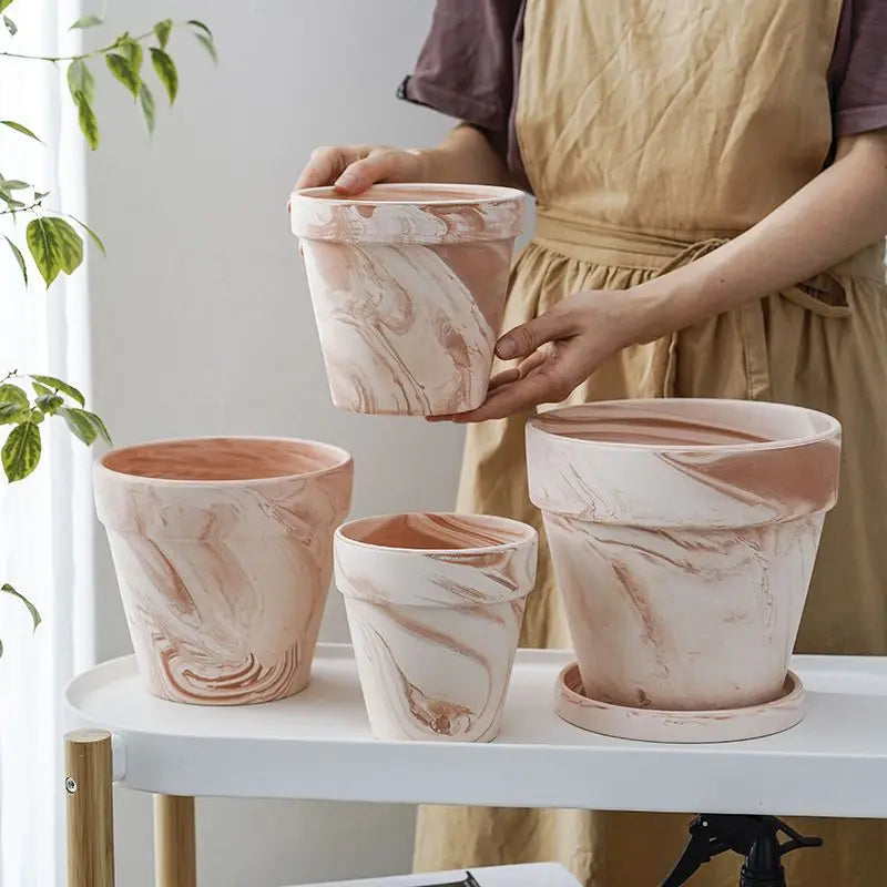 Fioriera creativa di grande calibro con vassoio, vaso per fiori in argilla grezza, stile retrò, per soggiorno, giardino, cortile, 1 pezzo