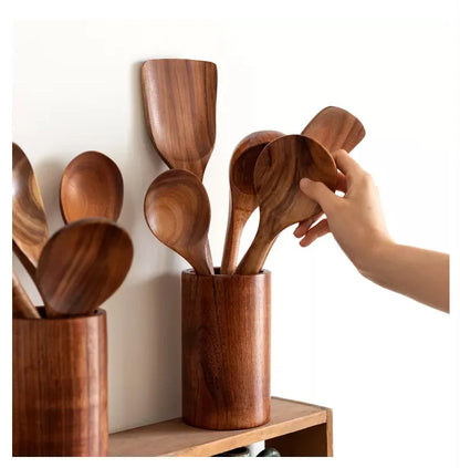 Cucchiaio da cucina in teak naturale, paletta da cucina, spatola in legno, set di utensili antiaderenti per cucinare con ganci per appendere, set di utensili da cucina