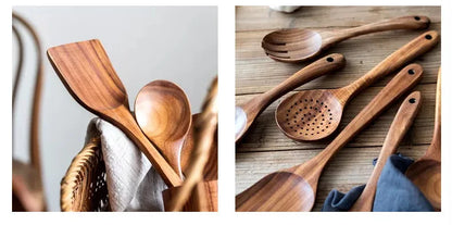 Cucchiaio da cucina in teak naturale, paletta da cucina, spatola in legno, set di utensili antiaderenti per cucinare con ganci per appendere, set di utensili da cucina