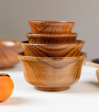 Cuencos de madera para sopa de arroz de 5 tamaños, estilo japonés, recipiente natural para alimentos, ensalada de frutas, fideos, vajilla ecológica antiescaldamiento.