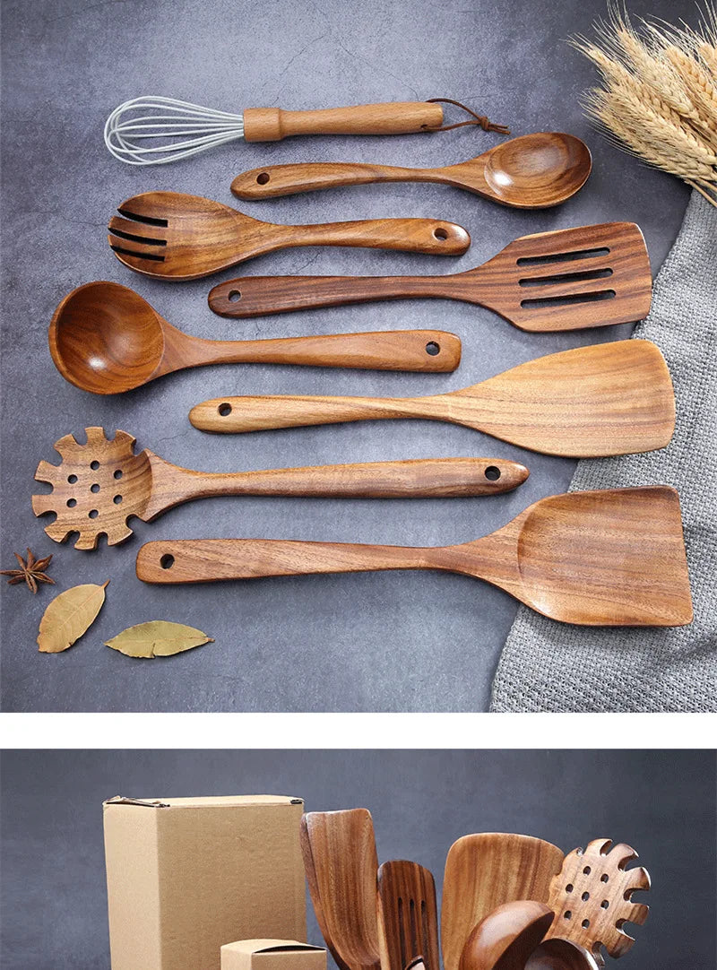 Cucchiaio da cucina in teak naturale, paletta da cucina, spatola in legno, set di utensili antiaderenti per cucinare con ganci per appendere, set di utensili da cucina