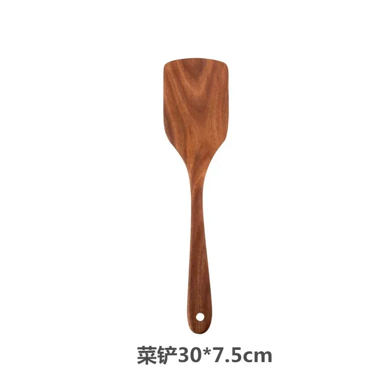 Cucchiaio da cucina in teak naturale, paletta da cucina, spatola in legno, set di utensili antiaderenti per cucinare con ganci per appendere, set di utensili da cucina