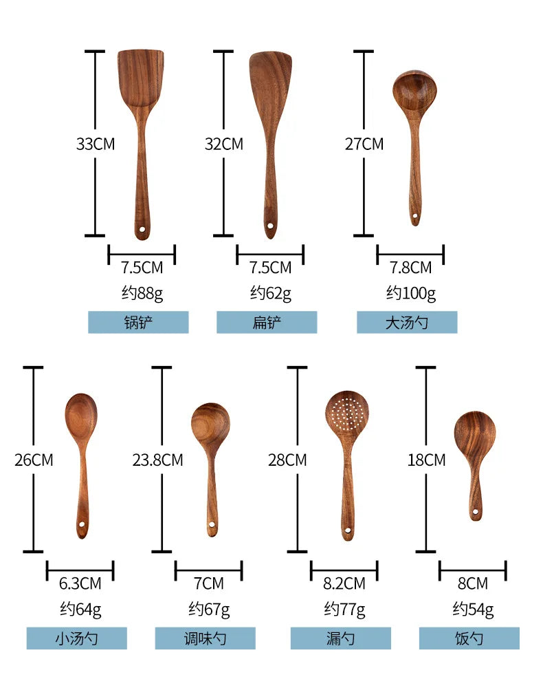 Cucchiaio da cucina in teak naturale, paletta da cucina, spatola in legno, set di utensili antiaderenti per cucinare con ganci per appendere, set di utensili da cucina