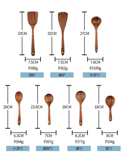 Cucchiaio da cucina in teak naturale, paletta da cucina, spatola in legno, set di utensili antiaderenti per cucinare con ganci per appendere, set di utensili da cucina