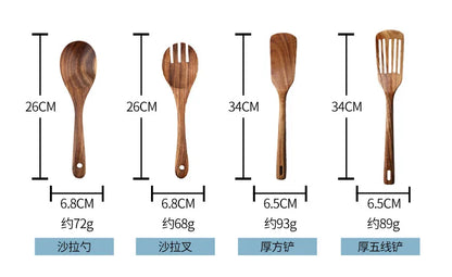 Cucchiaio da cucina in teak naturale, paletta da cucina, spatola in legno, set di utensili antiaderenti per cucinare con ganci per appendere, set di utensili da cucina