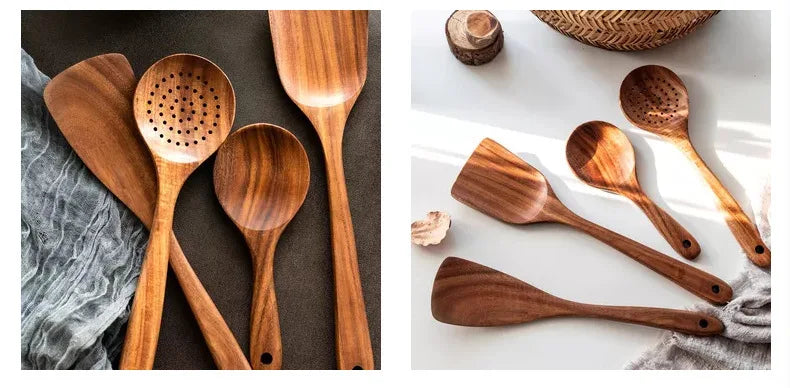 Cucchiaio da cucina in teak naturale, paletta da cucina, spatola in legno, set di utensili antiaderenti per cucinare con ganci per appendere, set di utensili da cucina