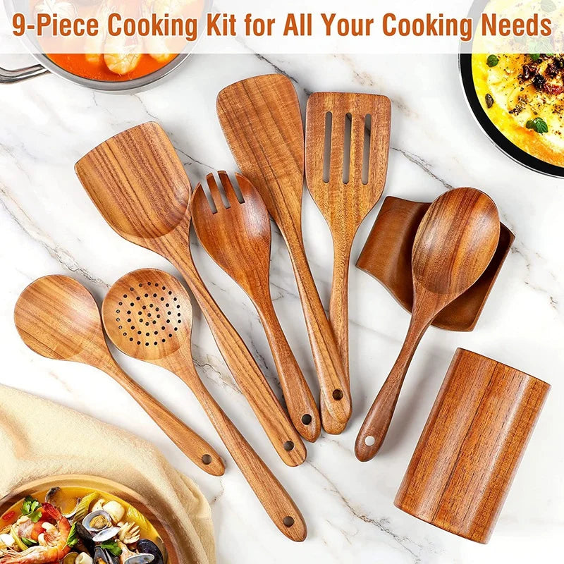 Cucchiaio da cucina in teak naturale, paletta da cucina, spatola in legno, set di utensili antiaderenti per cucinare con ganci per appendere, set di utensili da cucina