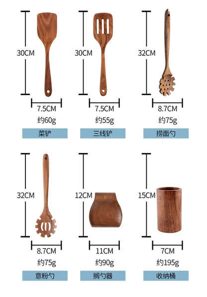 Cucchiaio da cucina in teak naturale, paletta da cucina, spatola in legno, set di utensili antiaderenti per cucinare con ganci per appendere, set di utensili da cucina
