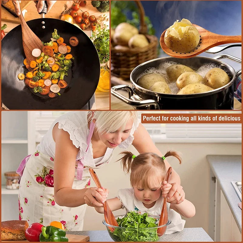 Cucchiaio da cucina in teak naturale, paletta da cucina, spatola in legno, set di utensili antiaderenti per cucinare con ganci per appendere, set di utensili da cucina
