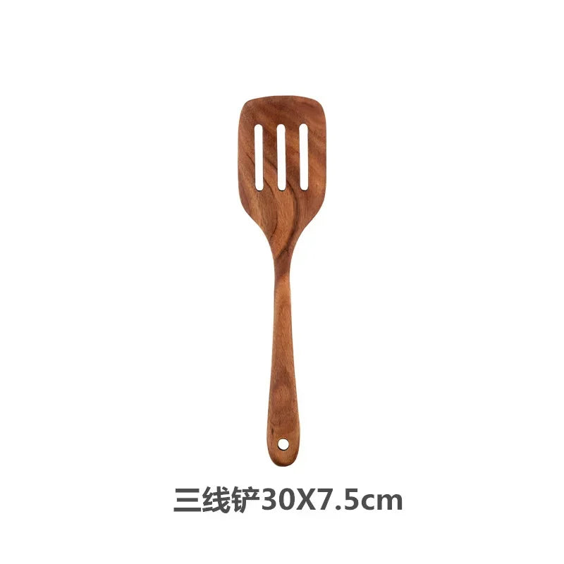 Cucchiaio da cucina in teak naturale, paletta da cucina, spatola in legno, set di utensili antiaderenti per cucinare con ganci per appendere, set di utensili da cucina