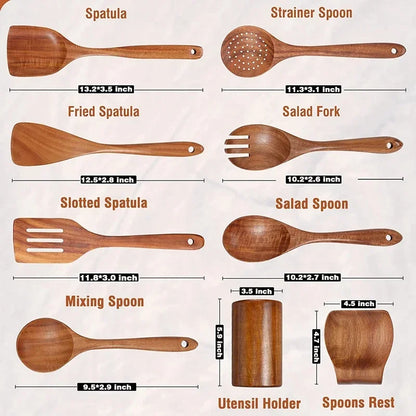 Cucchiaio da cucina in teak naturale, paletta da cucina, spatola in legno, set di utensili antiaderenti per cucinare con ganci per appendere, set di utensili da cucina