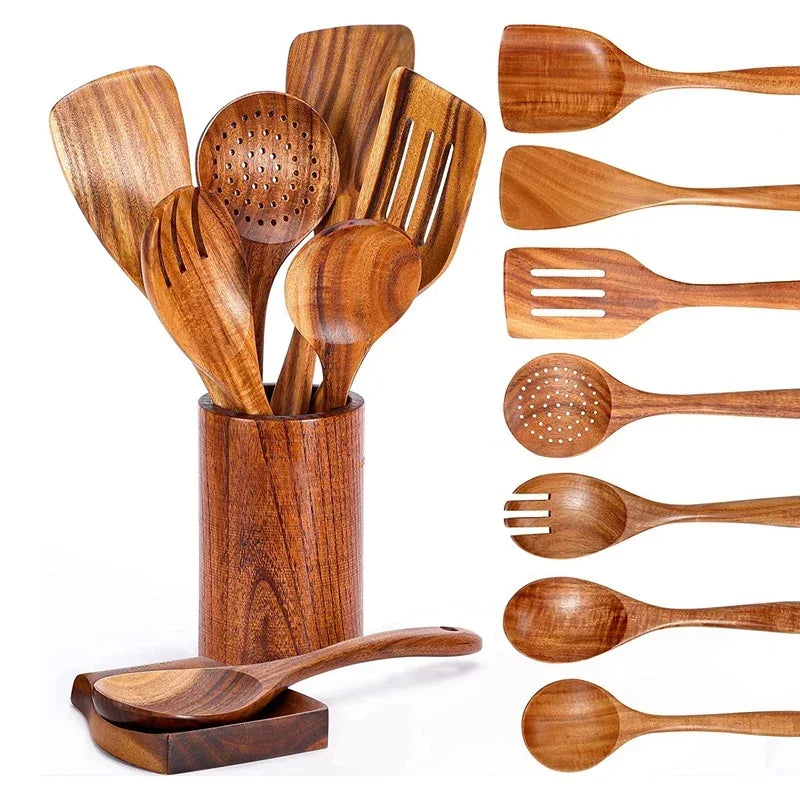 Cucchiaio da cucina in teak naturale, paletta da cucina, spatola in legno, set di utensili antiaderenti per cucinare con ganci per appendere, set di utensili da cucina
