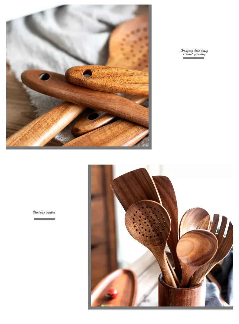 Cucchiaio da cucina in teak naturale, paletta da cucina, spatola in legno, set di utensili antiaderenti per cucinare con ganci per appendere, set di utensili da cucina